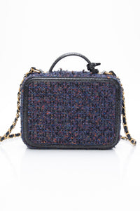 CHANEL Blue Tweed Quilted CC Filigree Python Medium