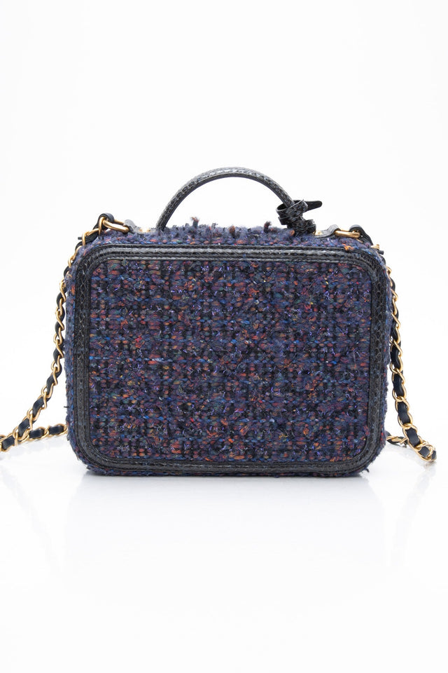 CHANEL Blue Tweed Quilted CC Filigree Python Medium