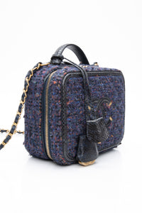 CHANEL Blue Tweed Quilted CC Filigree Python Medium