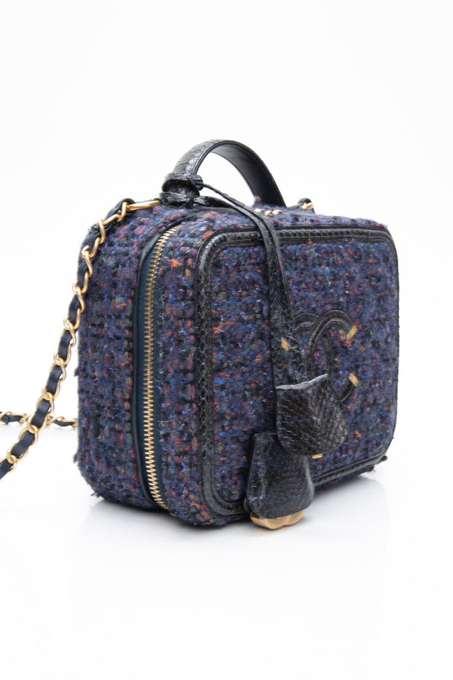 CHANEL Blue Tweed Quilted CC Filigree Python Medium