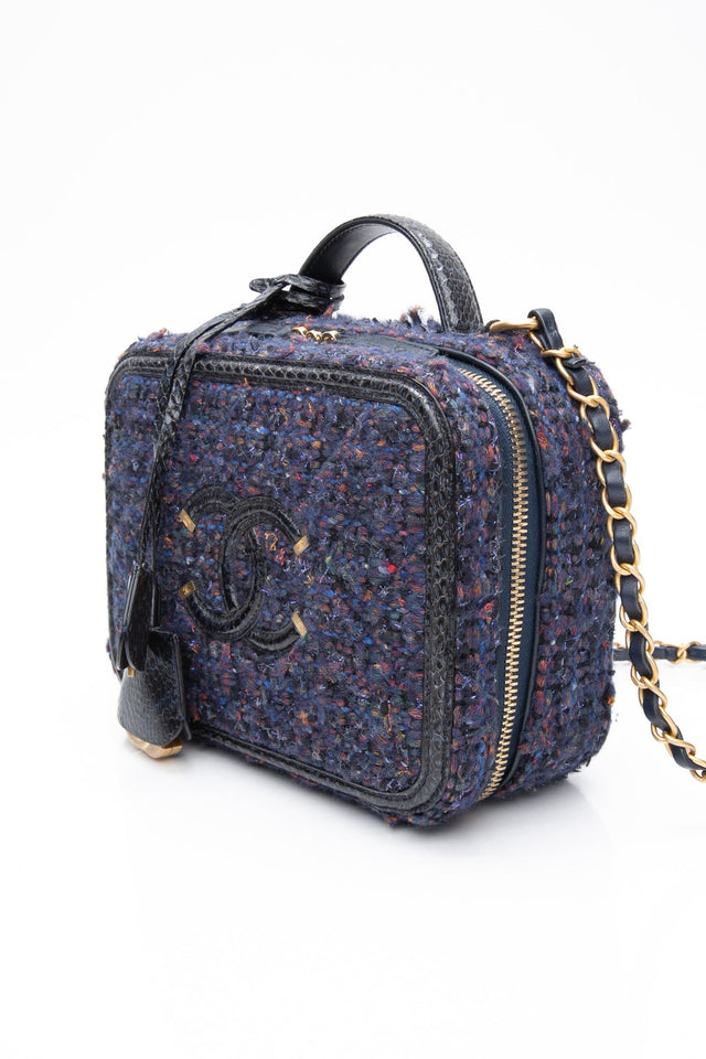 CHANEL Blue Tweed Quilted CC Filigree Python Medium