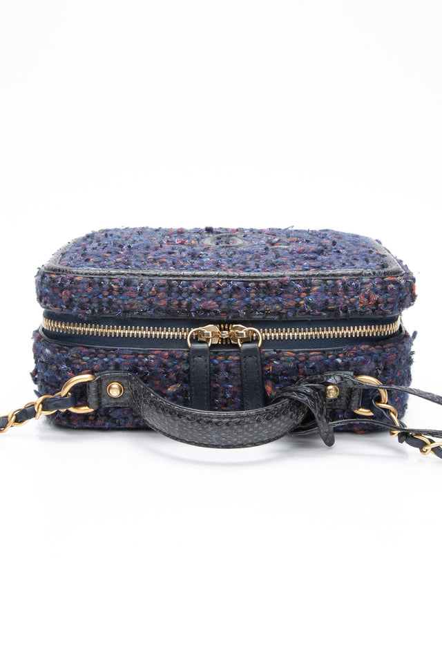 CHANEL Blue Tweed Quilted CC Filigree Python Medium