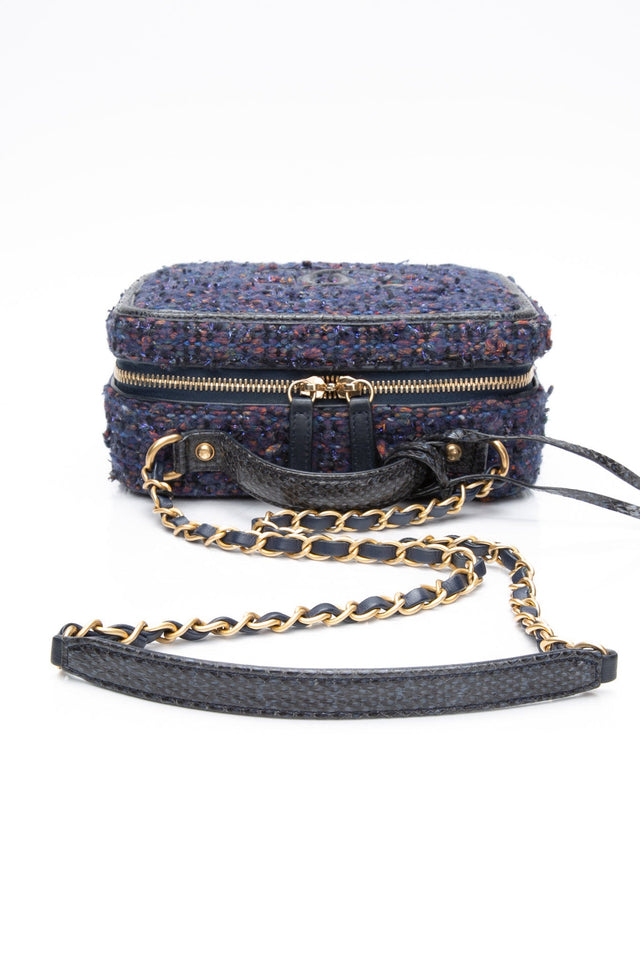 CHANEL Blue Tweed Quilted CC Filigree Python Medium