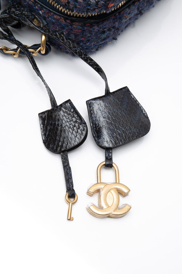 CHANEL Blue Tweed Quilted CC Filigree Python Medium