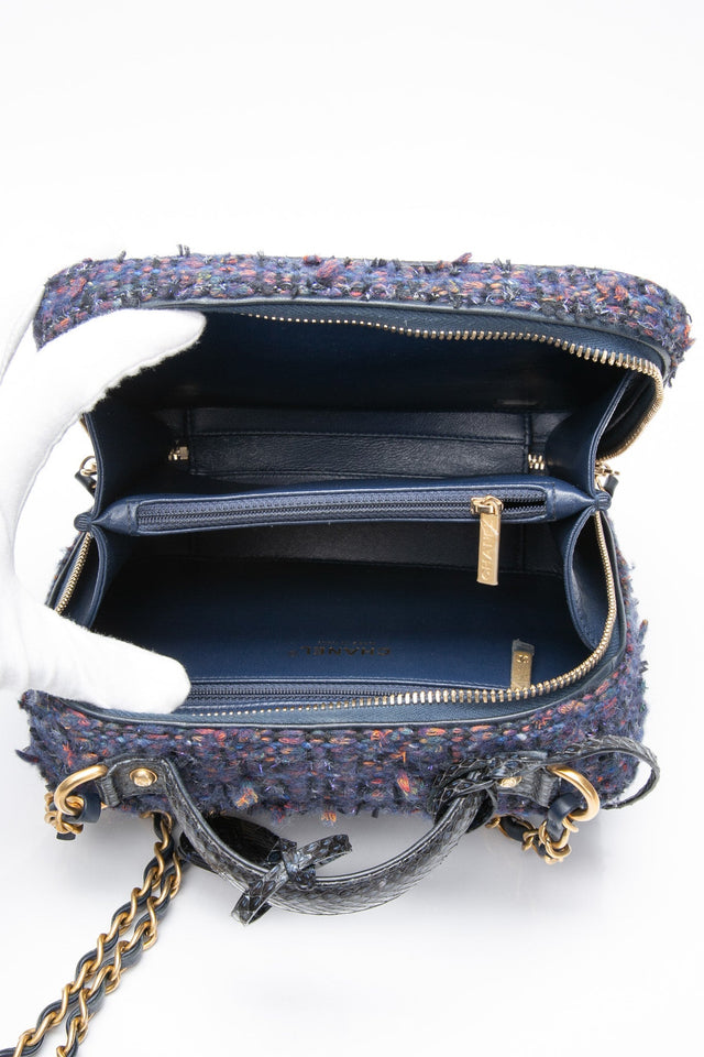 CHANEL Blue Tweed Quilted CC Filigree Python Medium