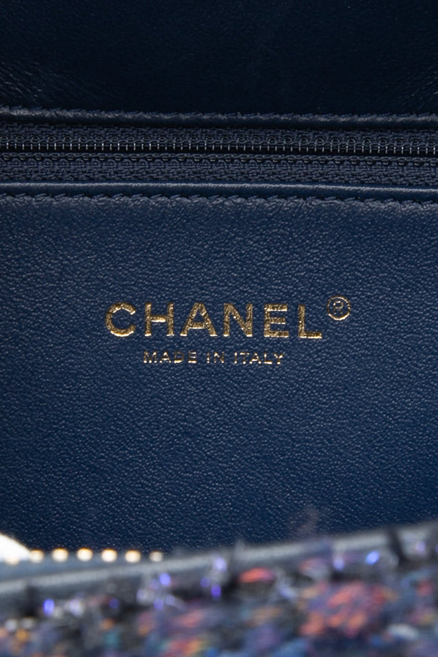 CHANEL Blue Tweed Quilted CC Filigree Python Medium