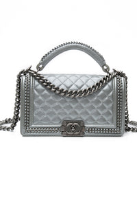Chanel Silver Metallic Calfskin Quilted Medium Top Handle Boy Flap