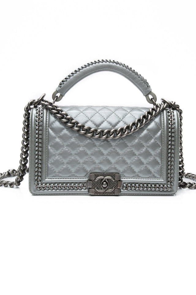 Chanel Silver Metallic Calfskin Quilted Medium Top Handle Boy Flap