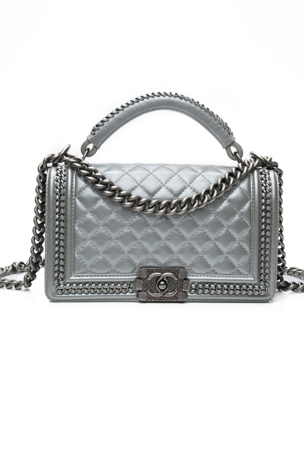 Chanel Silver Metallic Calfskin Quilted Medium Top Handle Boy Flap