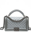 Chanel Silver Metallic Calfskin Quilted Medium Top Handle Boy Flap