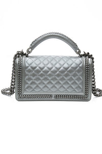 Chanel Silver Metallic Calfskin Quilted Medium Top Handle Boy Flap