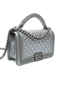 Chanel Silver Metallic Calfskin Quilted Medium Top Handle Boy Flap