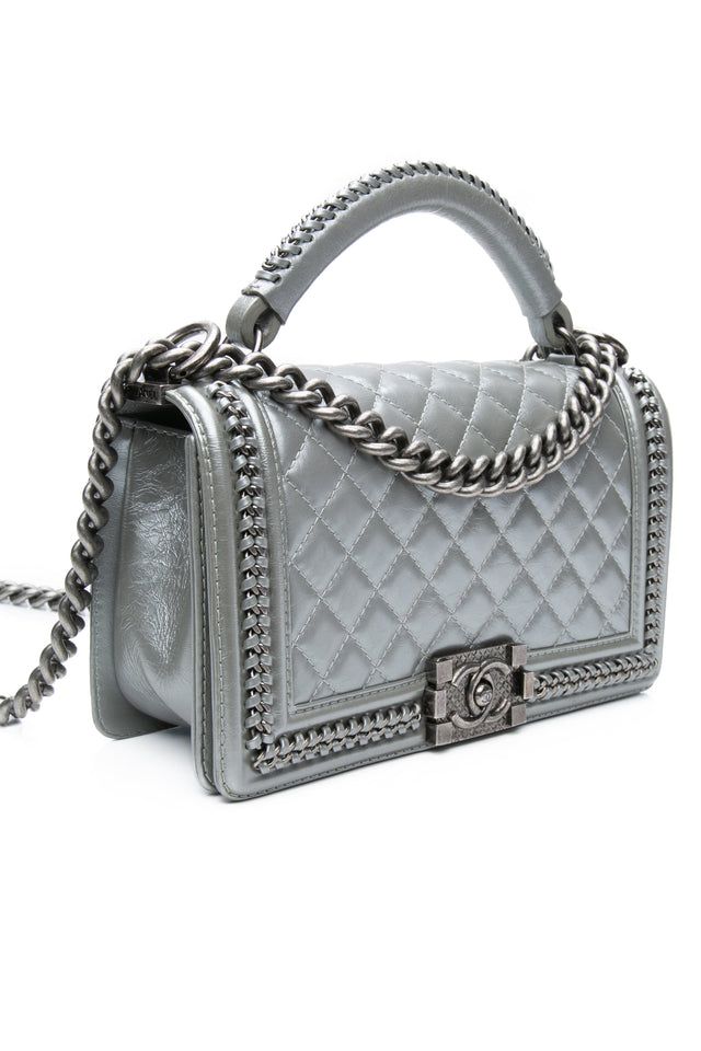 Chanel Silver Metallic Calfskin Quilted Medium Top Handle Boy Flap