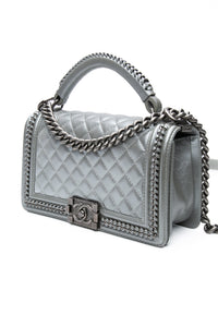 Chanel Silver Metallic Calfskin Quilted Medium Top Handle Boy Flap