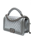 Chanel Silver Metallic Calfskin Quilted Medium Top Handle Boy Flap