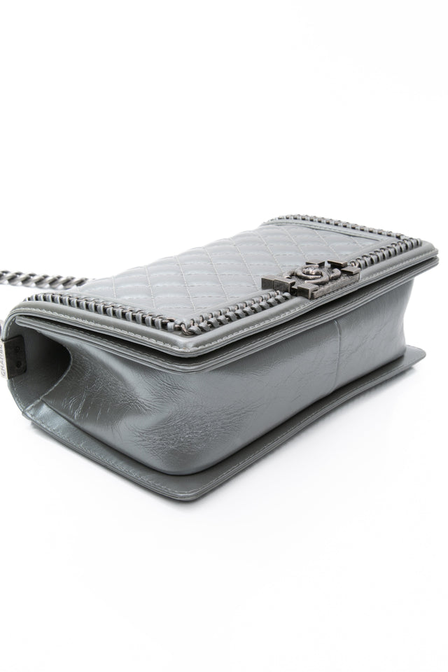 Chanel Silver Metallic Calfskin Quilted Medium Top Handle Boy Flap
