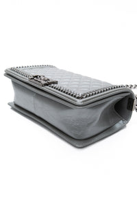 Chanel Silver Metallic Calfskin Quilted Medium Top Handle Boy Flap