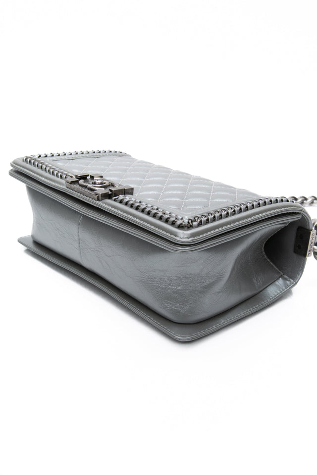 Chanel Silver Metallic Calfskin Quilted Medium Top Handle Boy Flap