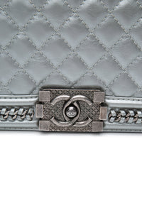 Chanel Silver Metallic Calfskin Quilted Medium Top Handle Boy Flap