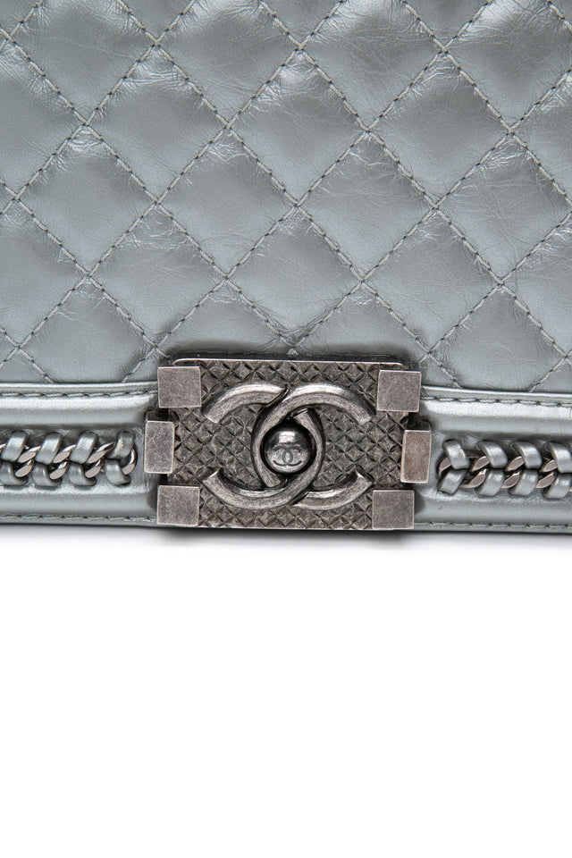 Chanel Silver Metallic Calfskin Quilted Medium Top Handle Boy Flap