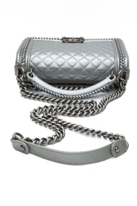 Chanel Silver Metallic Calfskin Quilted Medium Top Handle Boy Flap