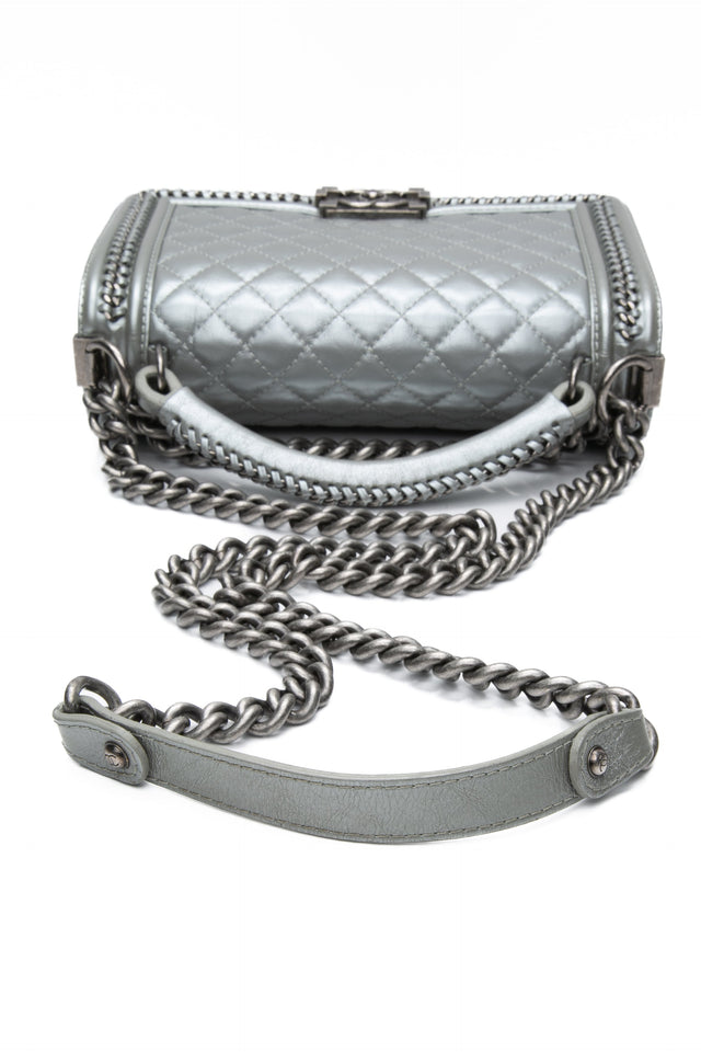 Chanel Silver Metallic Calfskin Quilted Medium Top Handle Boy Flap