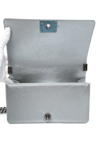 Chanel Silver Metallic Calfskin Quilted Medium Top Handle Boy Flap