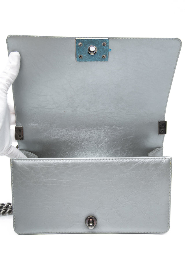 Chanel Silver Metallic Calfskin Quilted Medium Top Handle Boy Flap