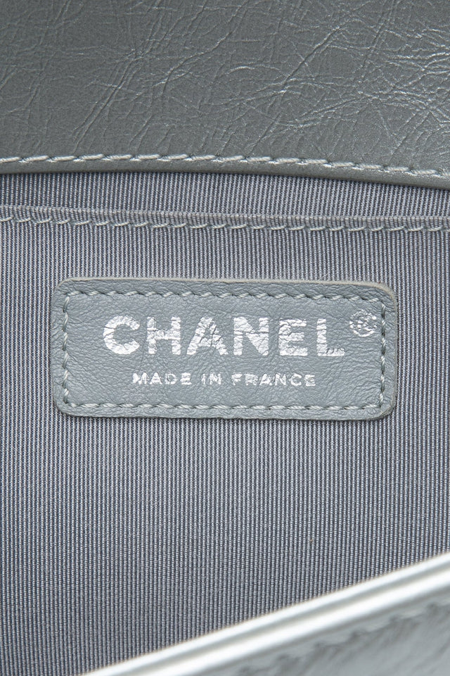 Chanel Silver Metallic Calfskin Quilted Medium Top Handle Boy Flap