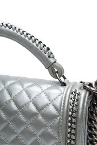 Chanel Silver Metallic Calfskin Quilted Medium Top Handle Boy Flap