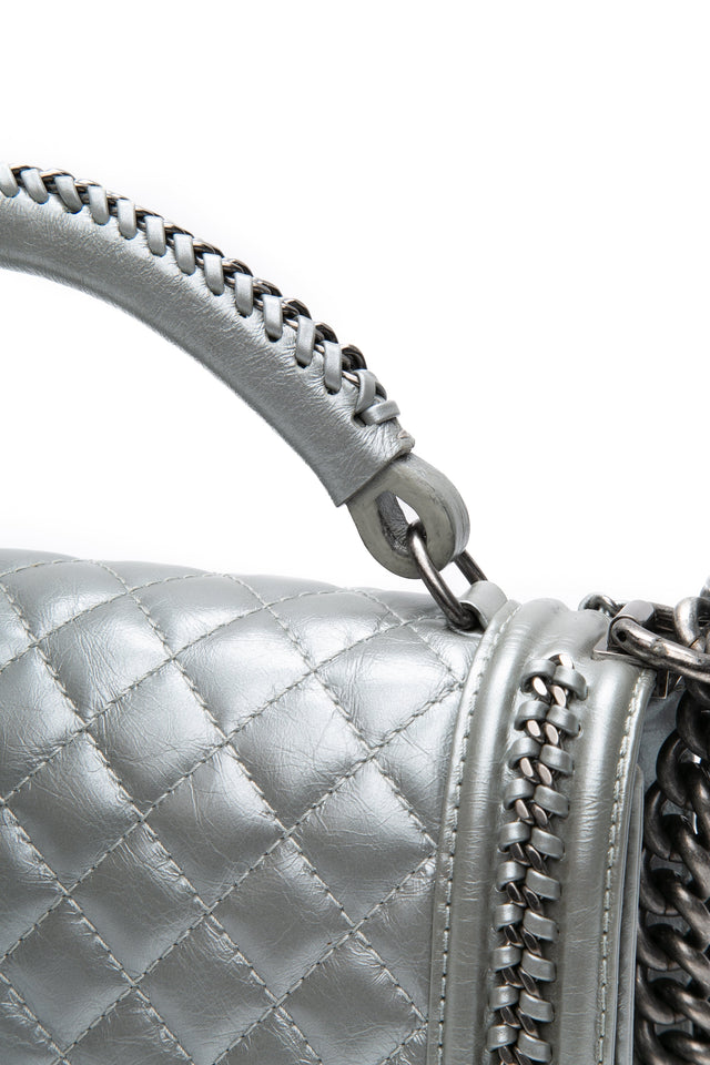 Chanel Silver Metallic Calfskin Quilted Medium Top Handle Boy Flap