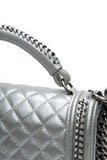 Chanel Silver Metallic Calfskin Quilted Medium Top Handle Boy Flap