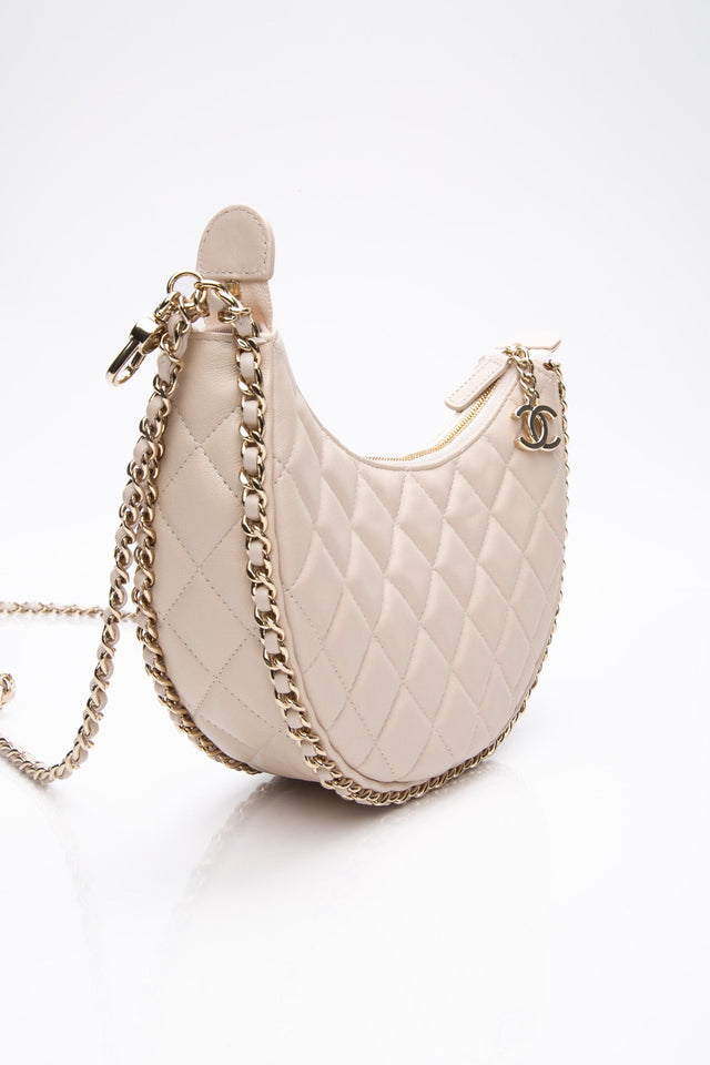 CHANEL 23P Ecru Light Beige Lambskin Quilted Small Hobo Bag