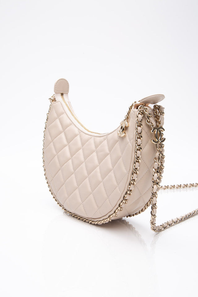CHANEL 23P Ecru Light Beige Lambskin Quilted Small Hobo Bag