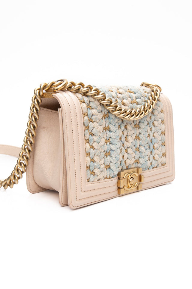CHANEL Medium Blue Braided Tweed Calfskin Boy Bag