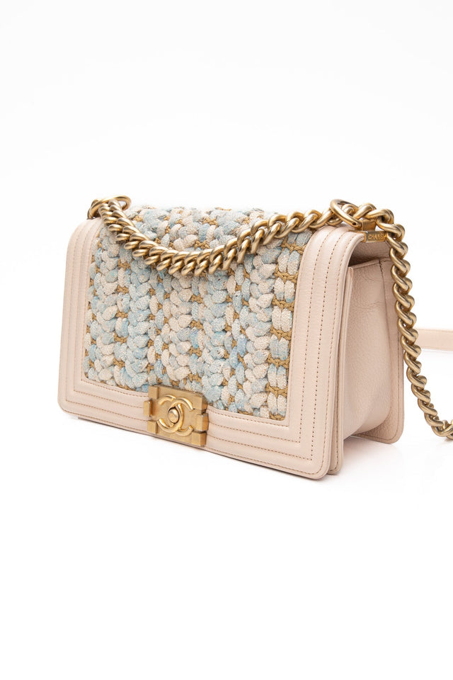 CHANEL Medium Blue Braided Tweed Calfskin Boy Bag