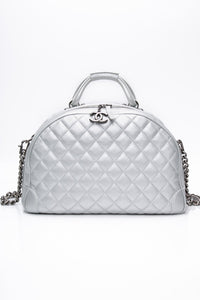 CHANEL Silver Metallic Calfskin Quilted Medium Airlines Round Trip Bowling Bag