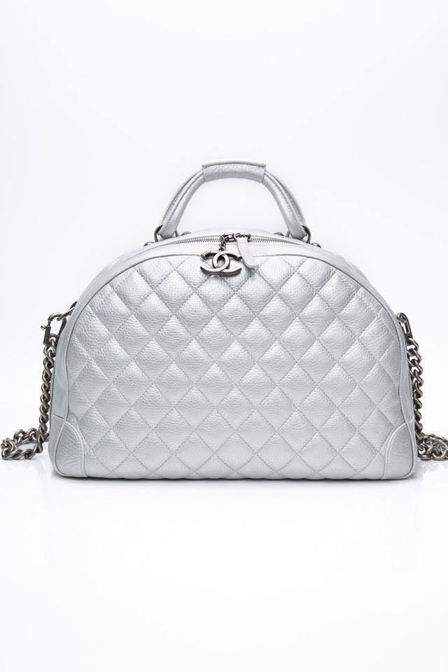 CHANEL Silver Metallic Calfskin Quilted Medium Airlines Round Trip Bowling Bag