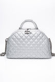CHANEL Silver Metallic Calfskin Quilted Medium Airlines Round Trip Bowling Bag
