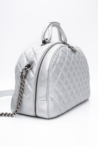 CHANEL Silver Metallic Calfskin Quilted Medium Airlines Round Trip Bowling Bag