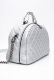 CHANEL Silver Metallic Calfskin Quilted Medium Airlines Round Trip Bowling Bag