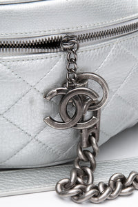 CHANEL Silver Metallic Calfskin Quilted Medium Airlines Round Trip Bowling Bag