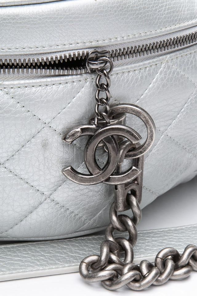 CHANEL Silver Metallic Calfskin Quilted Medium Airlines Round Trip Bowling Bag