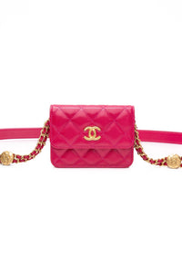 CHANEL Hot Pink Caviar Quilted Twist Your Buttons Coin Purse with Chain Crossbody Bag