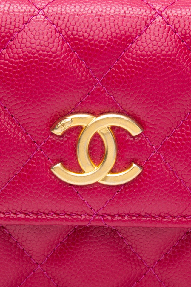 CHANEL Hot Pink Caviar Quilted Twist Your Buttons Coin Purse with Chain Crossbody Bag