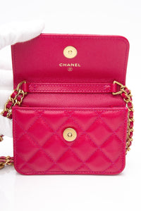 CHANEL Hot Pink Caviar Quilted Twist Your Buttons Coin Purse with Chain Crossbody Bag