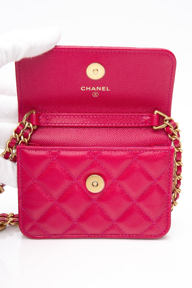 CHANEL Hot Pink Caviar Quilted Twist Your Buttons Coin Purse with Chain Crossbody Bag