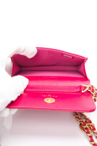 CHANEL Hot Pink Caviar Quilted Twist Your Buttons Coin Purse with Chain Crossbody Bag