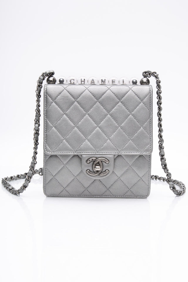 CHANEL Silver Metallic Goatskin Quilted Chic Pearls Flap Bag