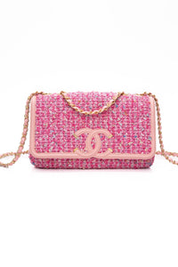 CHANEL Pink Filigree Flap Bag Quilted Tweed Medium